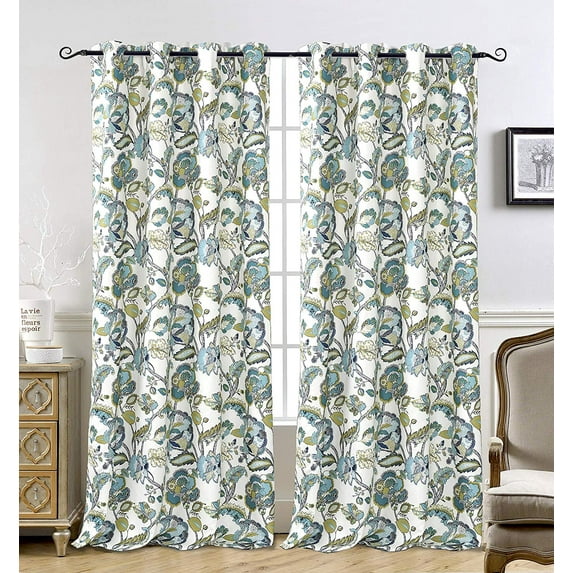 DriftAway Layla Classic America Style Floral Leaves Room Darkening Window Curtain Grommet 2 Panels 63"L x 52"W Teal Gray
