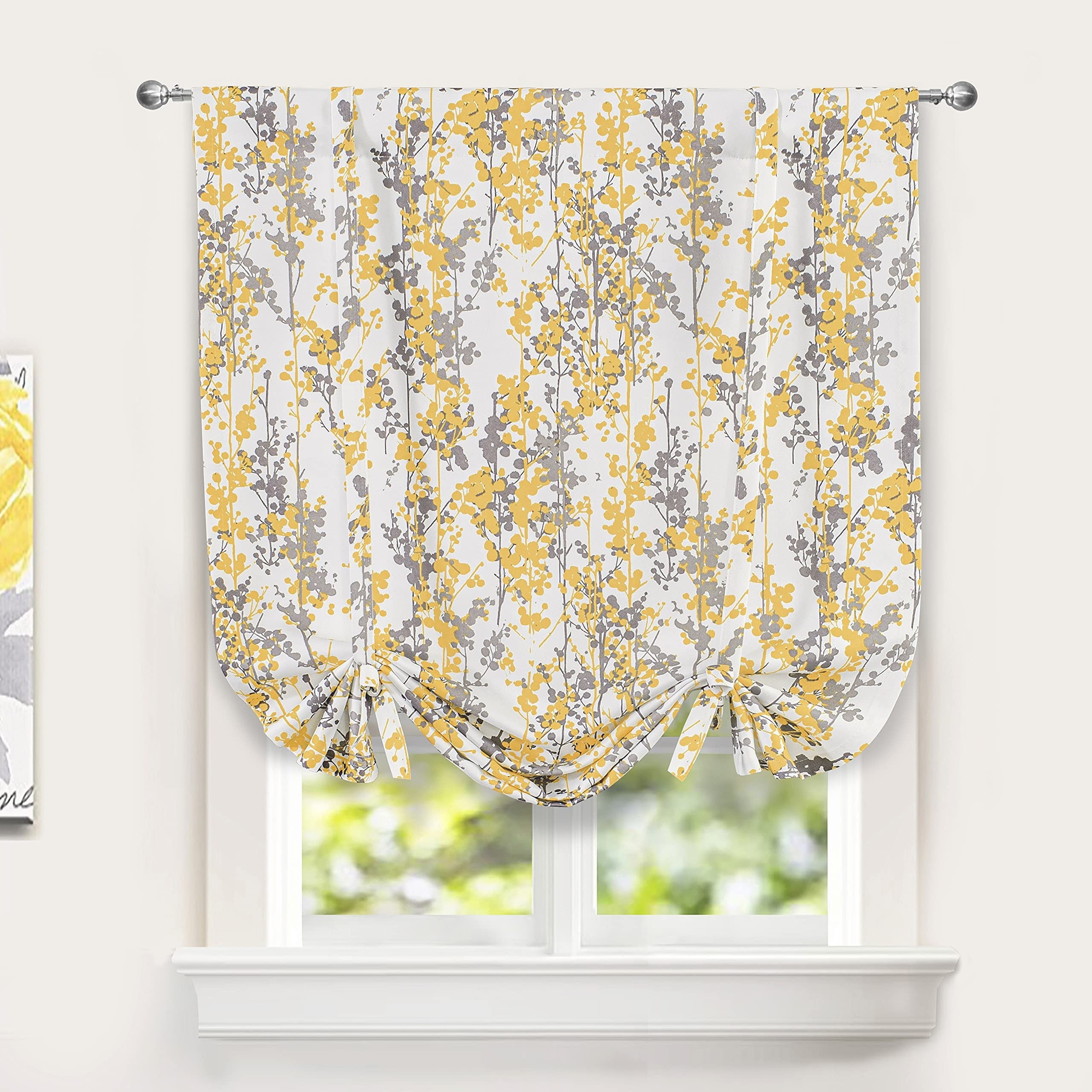 Golden Yellow and Gray Floral Room Darkening Tie-Up Curtain