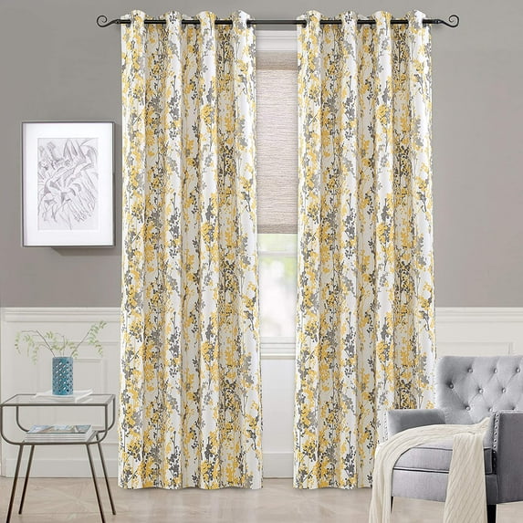 DriftAway Leah Abstract Floral Blossom Ink Painting Room Darkening Grommet Window Curtains 52"Wx108"L Golden Yellow Silver Gray