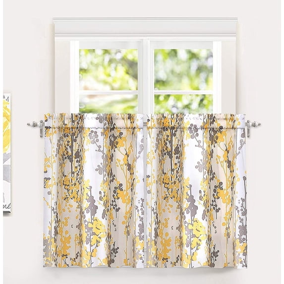 DriftAway Leah Abstract Floral Blossom Ink Painting Room Darkening Kitchen Tier Window Treatment, Set of Two, each 28"x36"+ 2" header (Yellow/Gray)
