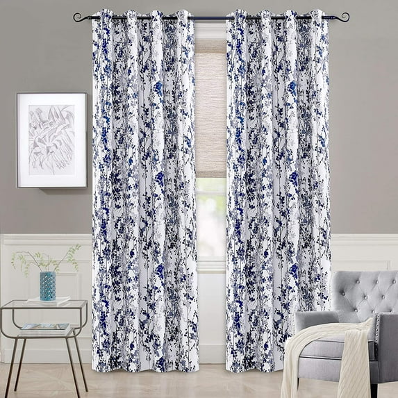 DriftAway Leah Abstract Floral Blossom Ink Painting Room Darkening Thermal Insulated Grommet Unlined Window Curtains 2 Panels Each Size 108"L x 52"W Navy Silver Gray