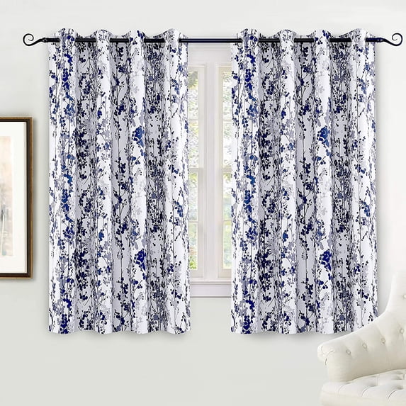 DriftAway Leah Abstract Floral Blossom Ink Painting Room Darkening Thermal Insulated Grommet Unlined Window Curtains 2 Panels W52xL54 Navy Silver Gray
