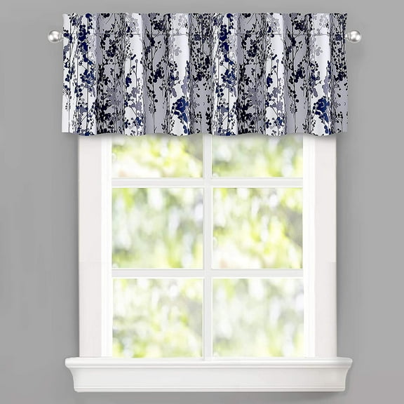DriftAway Leah Abstract Floral Blossom Ink Painting Thermal Insulated Window Curtain Valance Rod Pocket 14"L x 52"W Plus 2" Header Navy Silver Gray 1 Pack