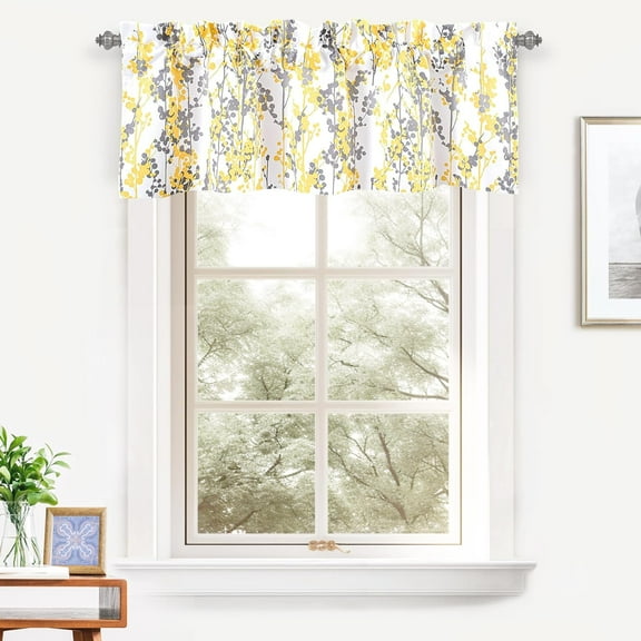 DriftAway Leah Abstract Floral Blossom Ink Painting Window Curtain Valance, 52" x 18" + 2" header(Yellow)