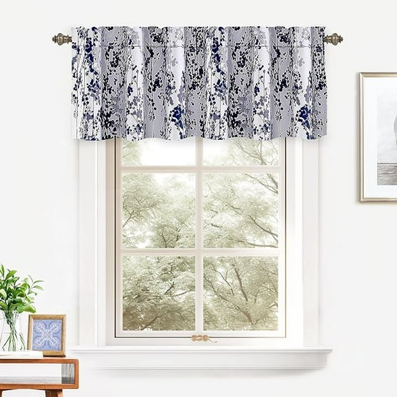 DriftAway Leah Abstract Floral Blossom Ink Painting Window Curtain Valance, 52"x18"+2"header(Navy)