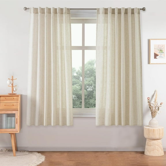DriftAway Linen Curtains 63 Inches Long for Living Room Semi Sheer 2 Panels Farmhouse Natural Flax 3 Inch Rod Pocket Back Tab Boho Rustic Light Filtering Window Drapes for Bedroom Privacy Assured