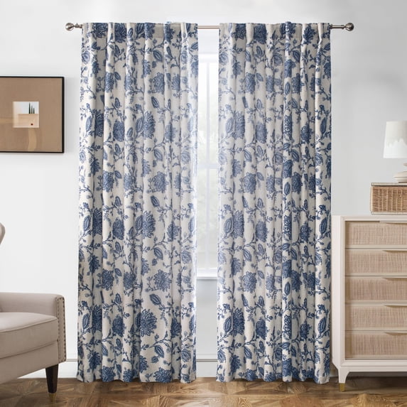 DriftAway Linen Floral Paisley Navy Blackout Curtains for Living Room Bedroom 96 Inch Length 2 Panels Lined Back Tab Rod Pocket Window Drapes Thermal Farmhouse Country Jacobean Curtains