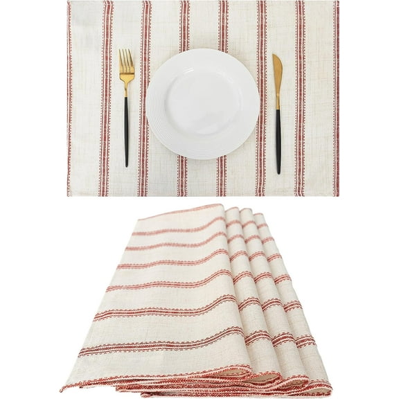 DriftAway Linen Textured Placemats for Dining Table Farmhouse Country Striped Pattern Placemats for Outdoor Home Party Set of 4 Country 12 x 18 Inch Placemats Red