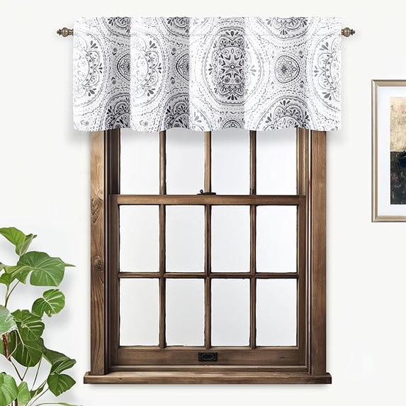 DriftAway Lucia Medallion Pattern Lined Thermal Insulated Energy Saving Window Curtain Valance for Living Room 2 Layers Rod Pocket 52 by 18 Inch plus 2 Inches Header Gray
