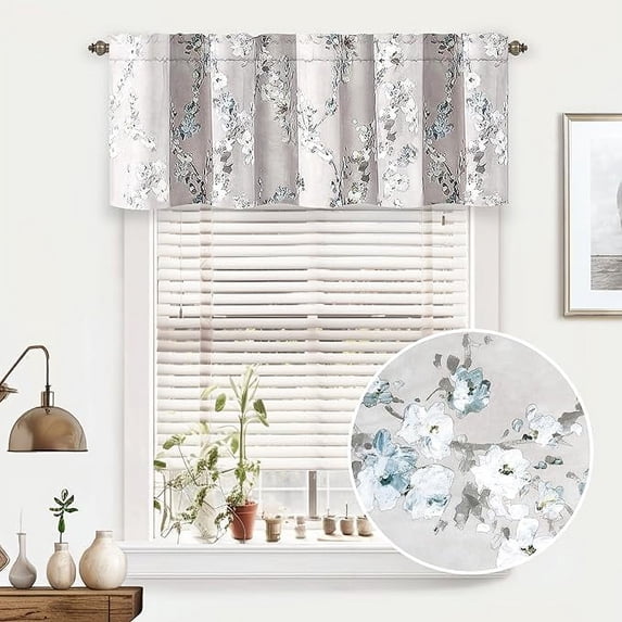 DriftAway Mackenzie Abstract Floral Pattern Window Treatment Valance, Rod Pocket (Blue/Gray, 52"x18"+2" Header)