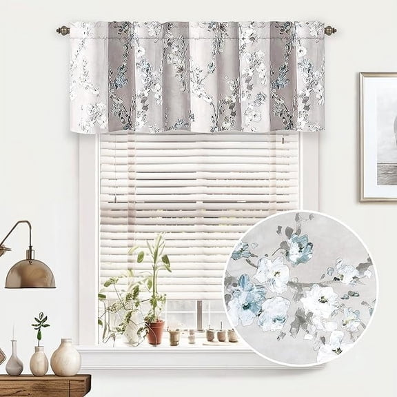 DriftAway Mackenzie Abstract Floral Pattern Window Treatment Valance, Rod Pocket (Blue/Gray, 52"x18"+2" Header)