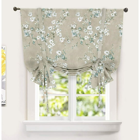 DriftAway Mackenzie Tie Up Curtain, Blossom Floral Pattern Room Darkening/Thermal Insulated Window Curtain, Adjustable Balloon Curtain for Small Window, Rod Pocket, 45"x63" (Blue/Gray)