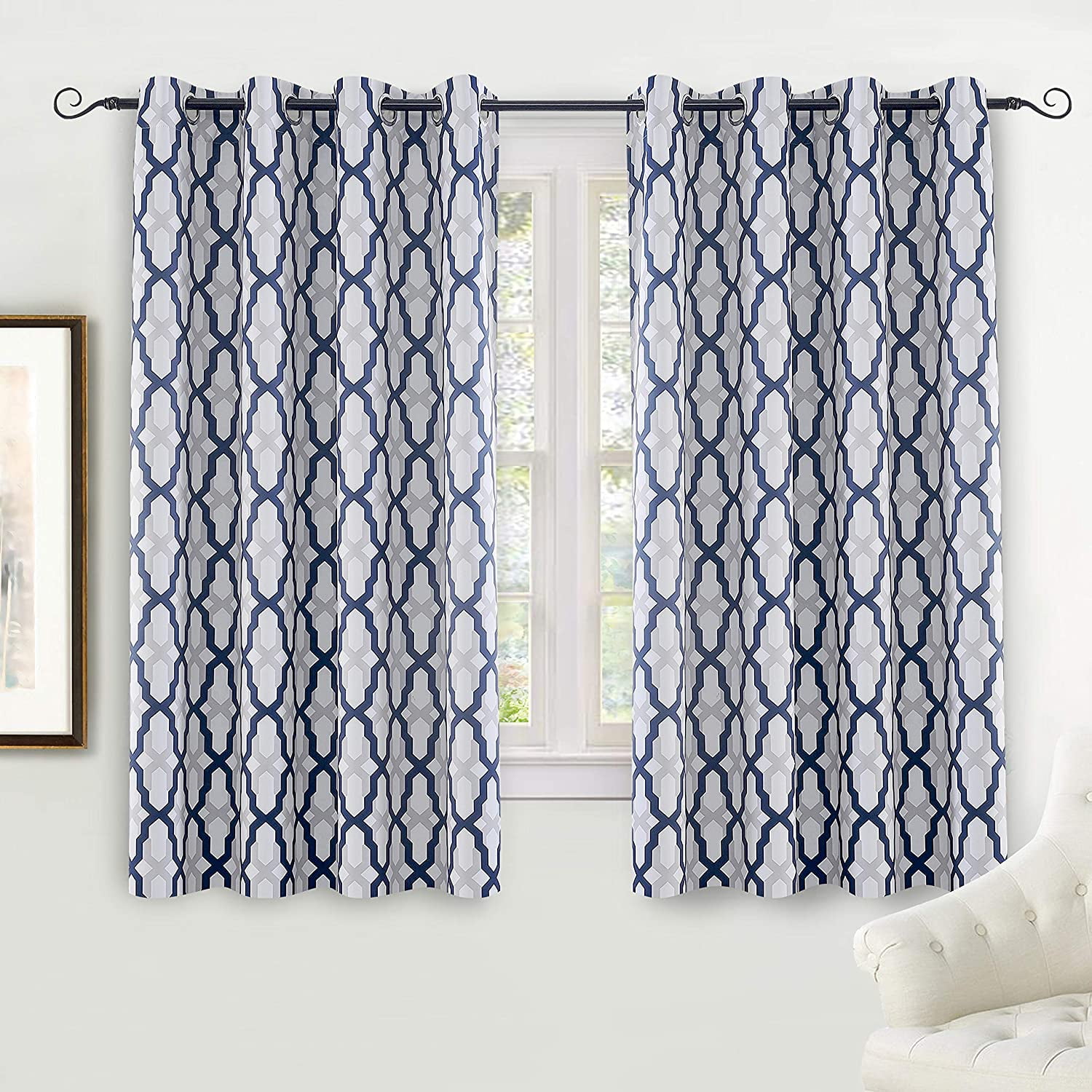 DriftAway Mason Thermal Blackout Grommet Window Curtains Geometric Trellis Pattern 2 Panels 54"L x 52"W Navy
