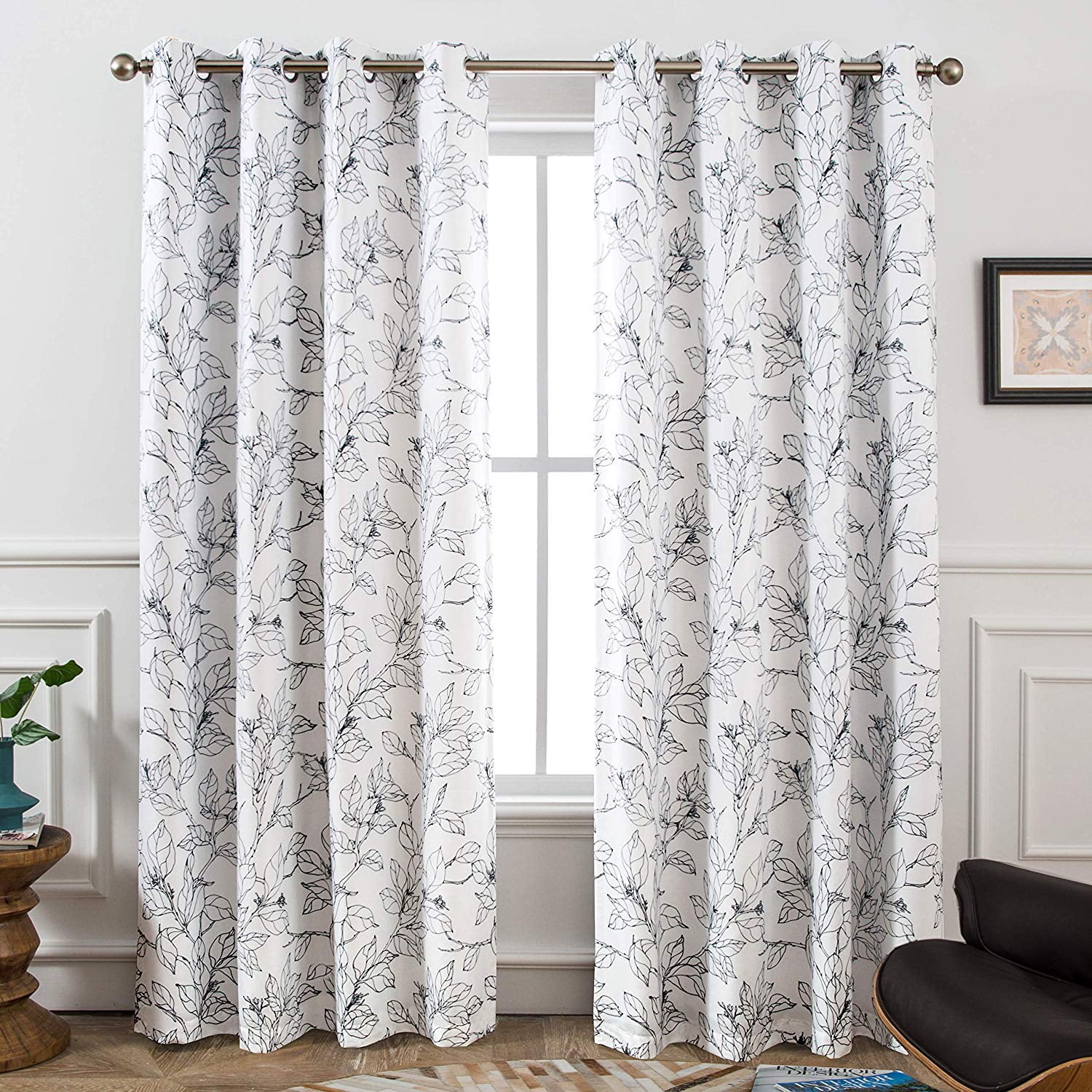 Elegant Black Line Floral Polyester Blackout Window Panels