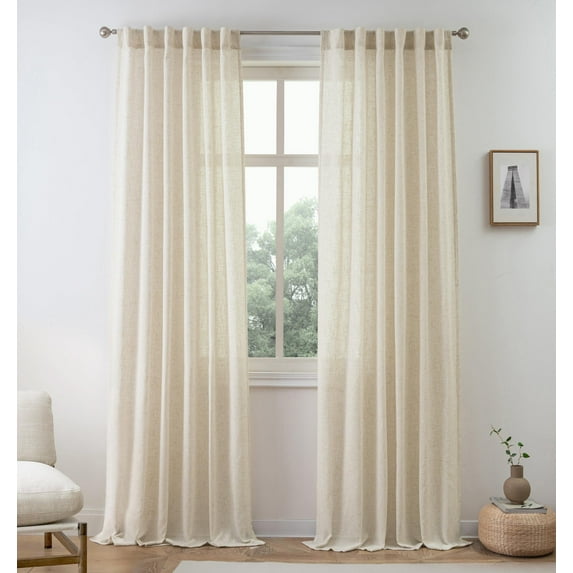 DriftAway Natural Linen Curtains 100 Inches Long 3 Pound Thick Semi Sheer 2 Panels Farmhouse Real Flax 3 Inch Rod Pocket Back Tab Boho Rustic Light Filtering Window Drapes for Bedroom Privacy Assured