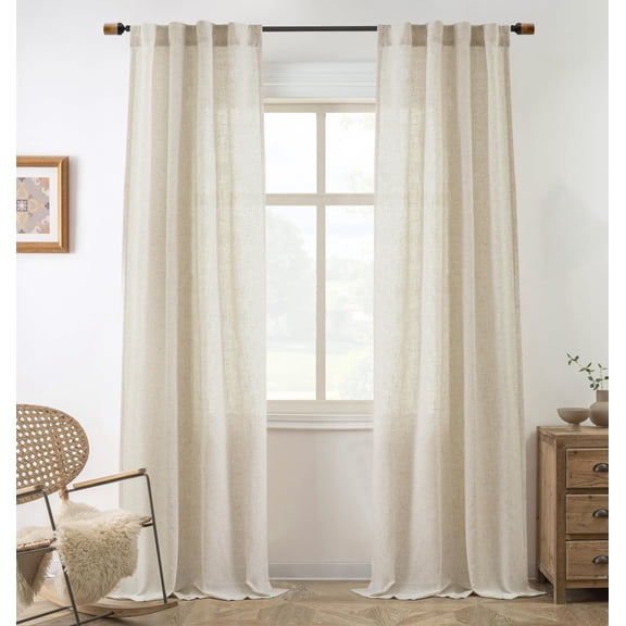 DriftAway Natural Linen Curtains 102 Inches Long 3 Pound Thick Semi Sheer 2 Panels Farmhouse Real Flax 3 Inch Rod Pocket Back Tab Boho Rustic Light Filtering Window Drapes for Bedroom Privacy Assured