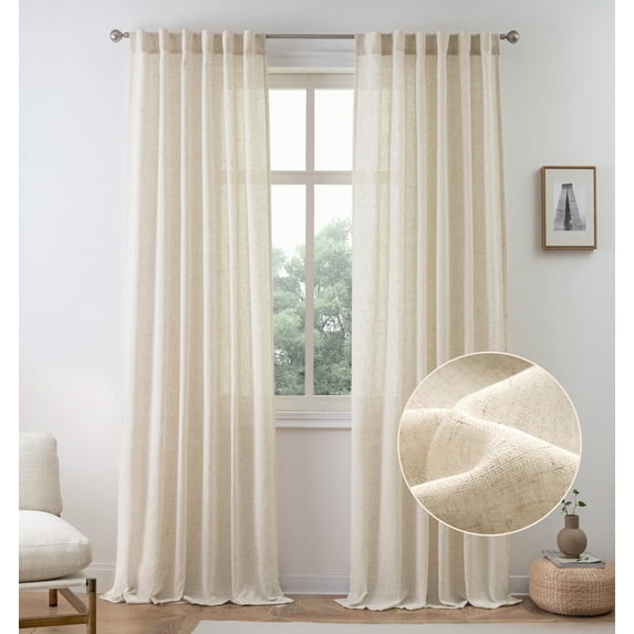 DriftAway Natural Linen Curtains 105 Inches Long 3 Pound Thick Semi Sheer 2 Panels Farmhouse Real Flax 3 Inch Rod Pocket Back Tab Boho Rustic Light Filtering Window Drapes for Bedroom Privacy Assured