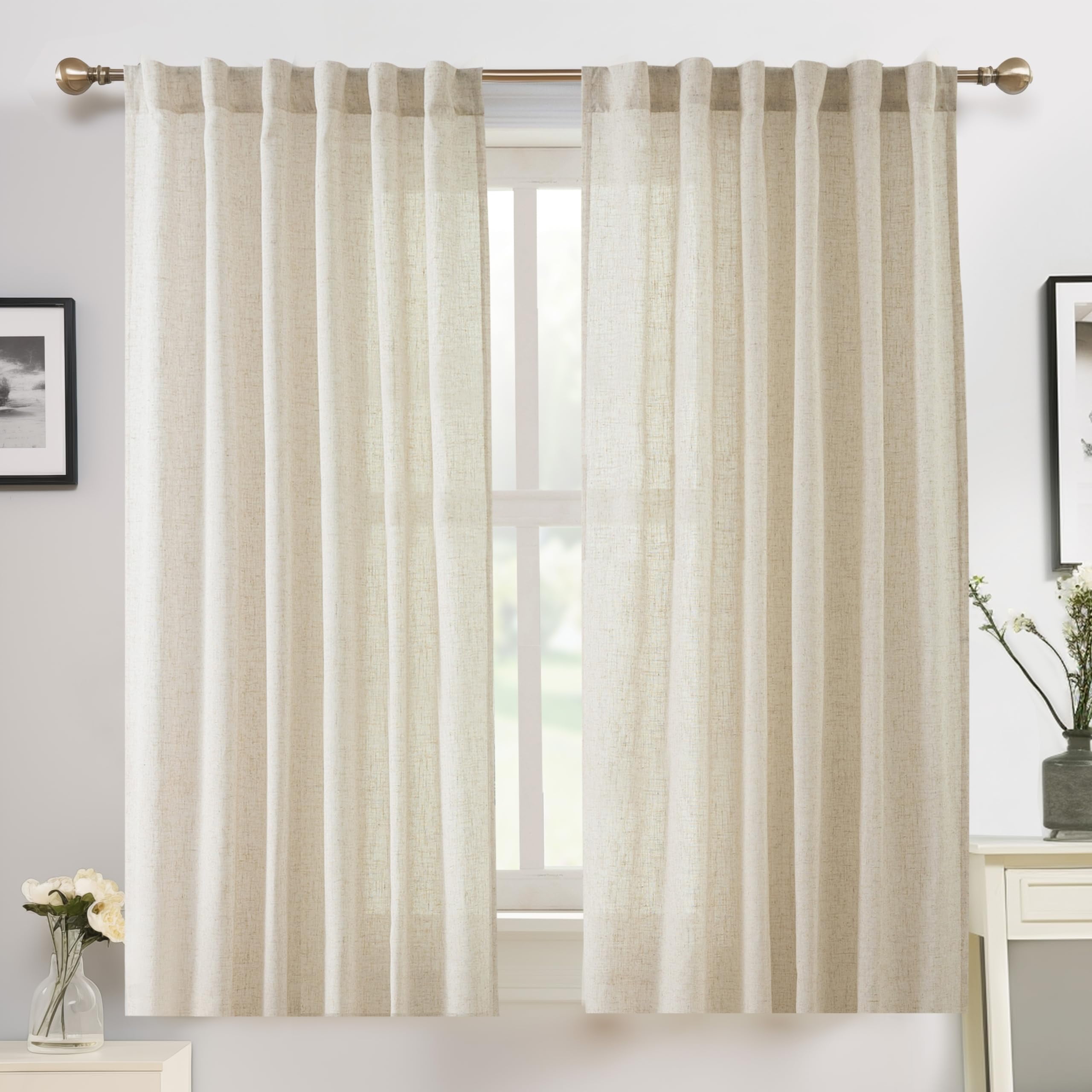 DriftAway Natural Linen Curtains 54 Inches Long for Living Room Semi Sheer 2 Panels Farmhouse Real Flax 3 Inch Rod Pocket Back Tab Boho Rustic Light Filtering Window Drapes for Bedroom