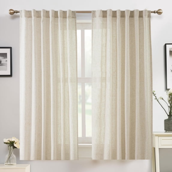 DriftAway Natural Linen Curtains 54 Inches Long for Living Room Semi Sheer 2 Panels Farmhouse Real Flax 3 Inch Rod Pocket Back Tab Boho Rustic Light Filtering Window Drapes for Bedroom