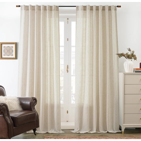DriftAway Natural Linen Curtains 84 Inches Long 3 Pound Thick Semi Sheer 2 Panels Farmhouse Real Flax 3 Inch Rod Pocket Back Tab Boho Rustic Light Filtering Window Drapes for Bedroom Privacy Assured