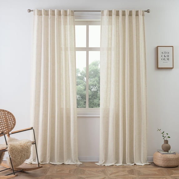 DriftAway Natural Linen Curtains 90 Inches Long for Living Room Semi Sheer 2 Panels Farmhouse Real Flax 3 Inch Rod Pocket Back Tab Boho Rustic Light Filtering Window Drapes for Bedroom