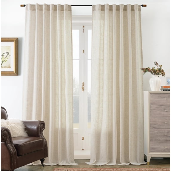 DriftAway Natural Linen Curtains 96 Inches Long 3 Pound Thick Semi Sheer 2 Panels Farmhouse Real Flax 3 Inch Rod Pocket Back Tab Boho Rustic Light Filtering Window Drapes for Bedroom Privacy Assured