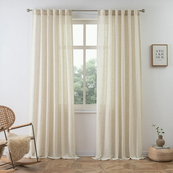 DriftAway Natural Linen Curtains 96 Inches Long for Living Room Semi Sheer 2 Panels Farmhouse Real Flax 3 Inch Rod Pocket Back Tab Boho Rustic Light Filtering Window Drapes for Bedroom