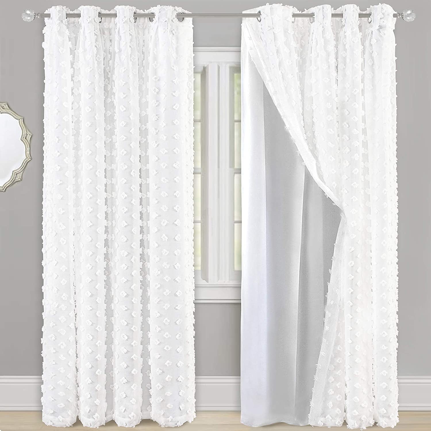 DriftAway Olivia Pinch Pleated Voile Sheer Blackout Curtain Embroidered with Pom Pom Single 52"x84" Off White
