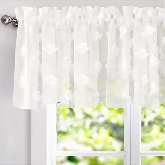 DriftAway Olivia White Voile Chiffon Sheer Window Curtain Valance for Small Window Kitchen Embroidered Pom Pom Single Rod Pocket 60 Inch by 18 Inch plus 2 Inch Header Off White