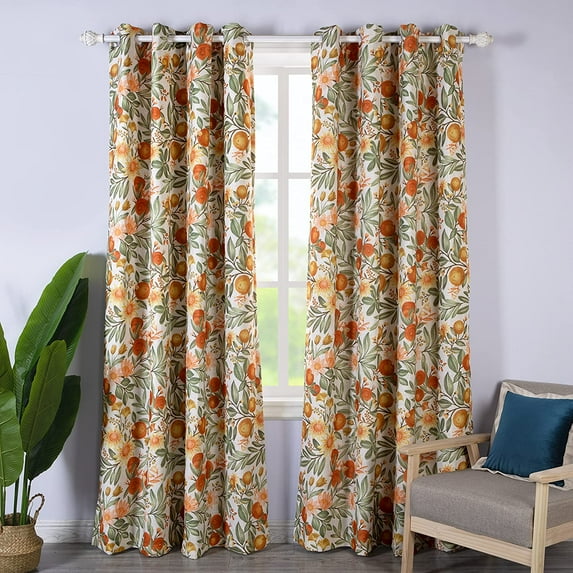 DriftAway Orange Floral Linen Blend Blackout Curtains Floral Botanical Printed Vintage Thermal Insulated Grommet Top Lined Window Treatments for Living Room 2 Panels W52 x L84 Orange Coral Gold