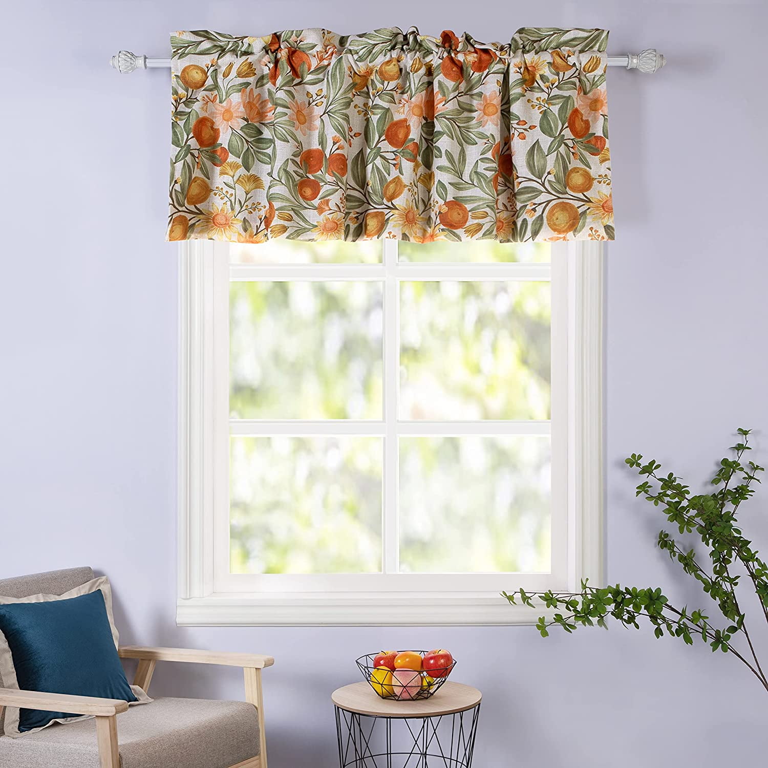 DriftAway Orange Floral Linen Blend Room Darkening Valance, Botanical ...