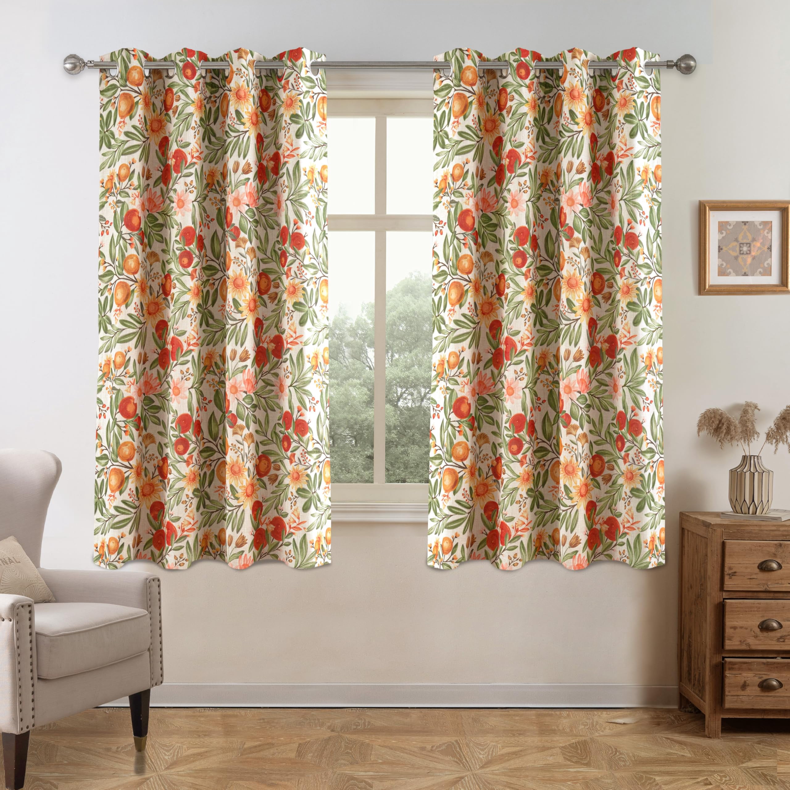 DriftAway Orange Harvest Floral Linen Blackout Curtains Double Layer Thermal Insulated Autumn Fall Printed Patterned Vintage Grommet Lined Drapes for Living Room 2 Panels 63 Inches Orange Coral Gold