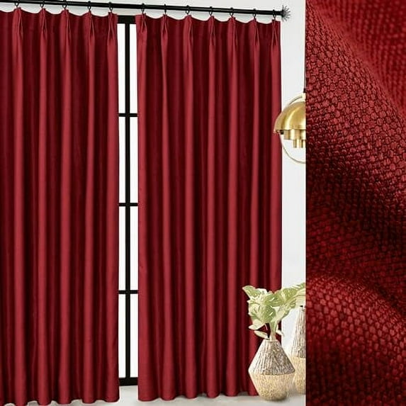 DriftAway Pinch Pleat Blackout Curtains 108 Inches Long Linen Curtains 2 Panels Set Faux Linen Textured Curtains for Bedroom Living Room Thermal Insulated Privacy Back Tab Window Drapes 52x108 Red