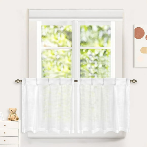 DriftAway Pinch Pleat Kitchen Curtains Linen Textured Short Linen Curtains for Small Window Bathroom Laundry Room 2 Panels Cafe Curtains Back Tabs Farmhouse Rustic Curtains 30 x 24 Inches Birch White