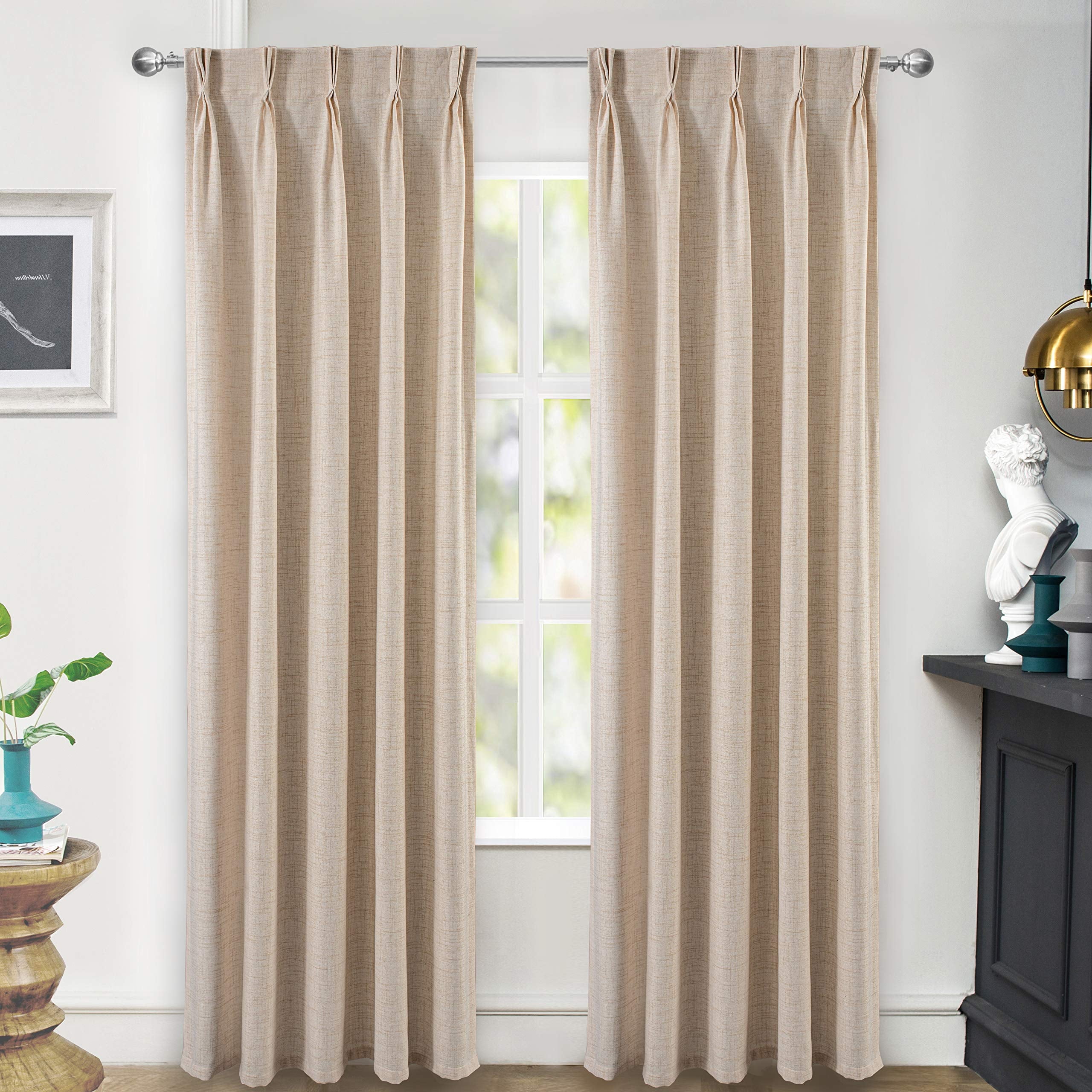 DriftAway Pinch Pleat Linen Textured Semi Sheer Solid Curtains Back Tabs Beige, 30"W x 84 "L