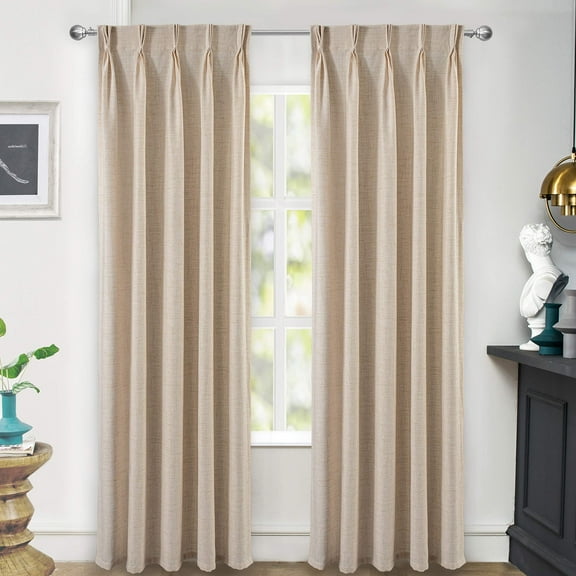 DriftAway Pinch Pleat Linen Textured Semi Sheer Solid Curtains Back Tabs Beige, 30"W x 84 "L