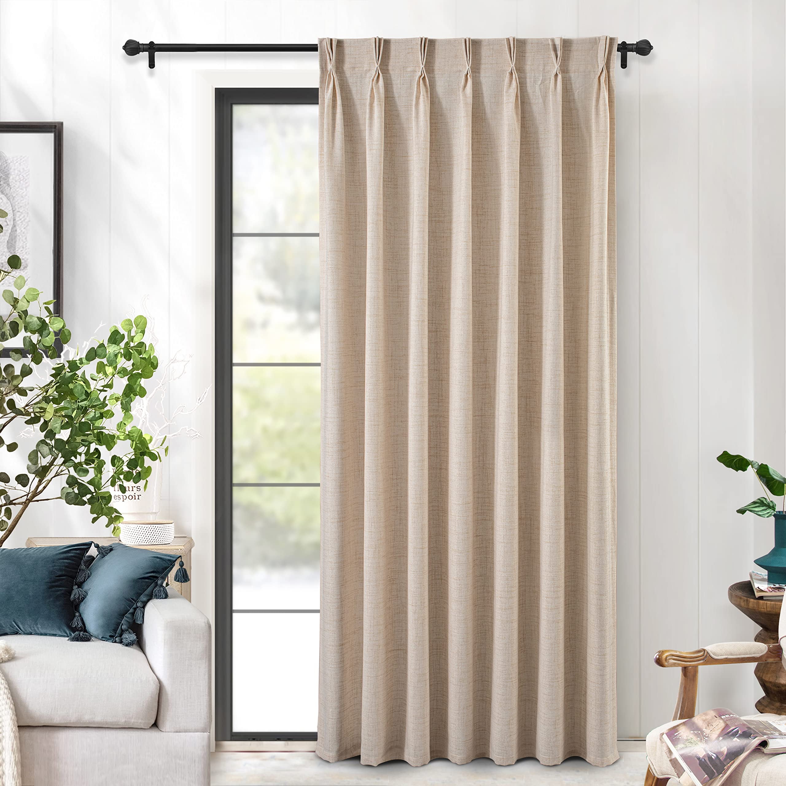 Beige Linen Pleated Sheer Back Tab Curtains 52" x 96"