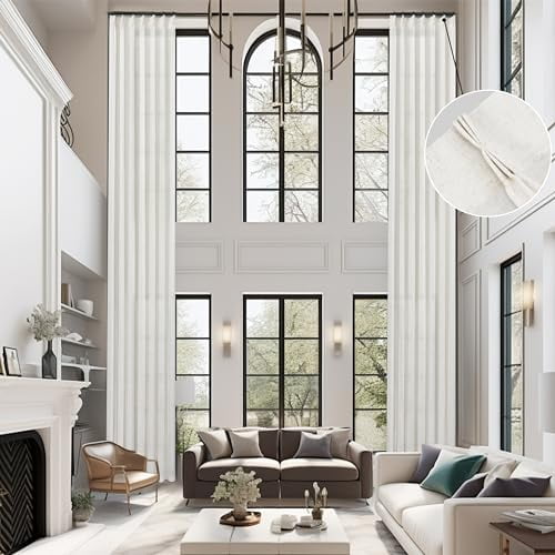 DriftAway Pinch Pleat Linen Textured Semi Sheer Solid Farmhouse and Modern Rustic Linen Curtains High Ceiling Extra Long Drapes for Living Room 15 ft Length 2 Panels W52 x L180 Inches Long Light Linen