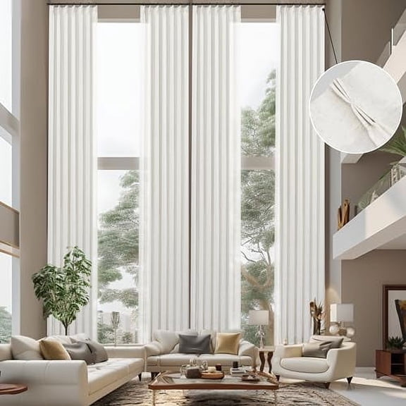 DriftAway Pinch Pleat Linen Textured Semi Sheer Solid Farmhouse and Modern Rustic Linen Curtains High Ceiling Extra Long Drapes for Living Room 17 ft Length 2 Panels W52 x L204 Inches Long Light Linen