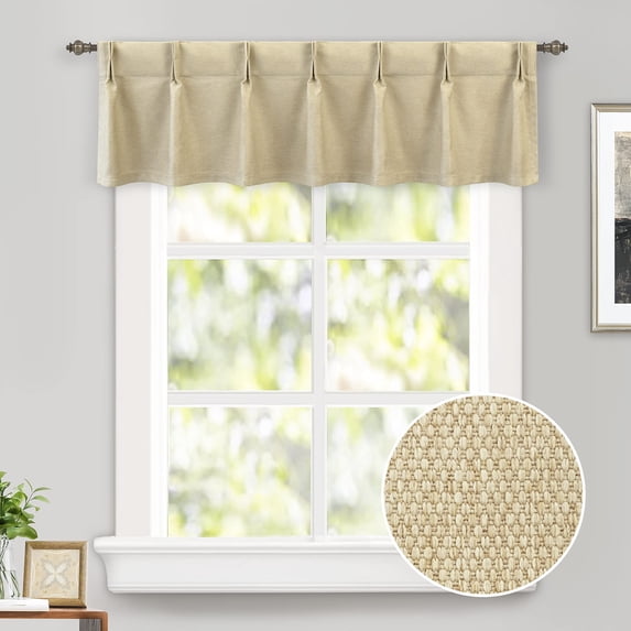 DriftAway Pinch Pleat Valance for Kitchen Window Blackout Faux Linen Textured Solid Beige Valance for Living Room 16 Inch Farmhouse Window Treatment Back Tab 52x16 Beige