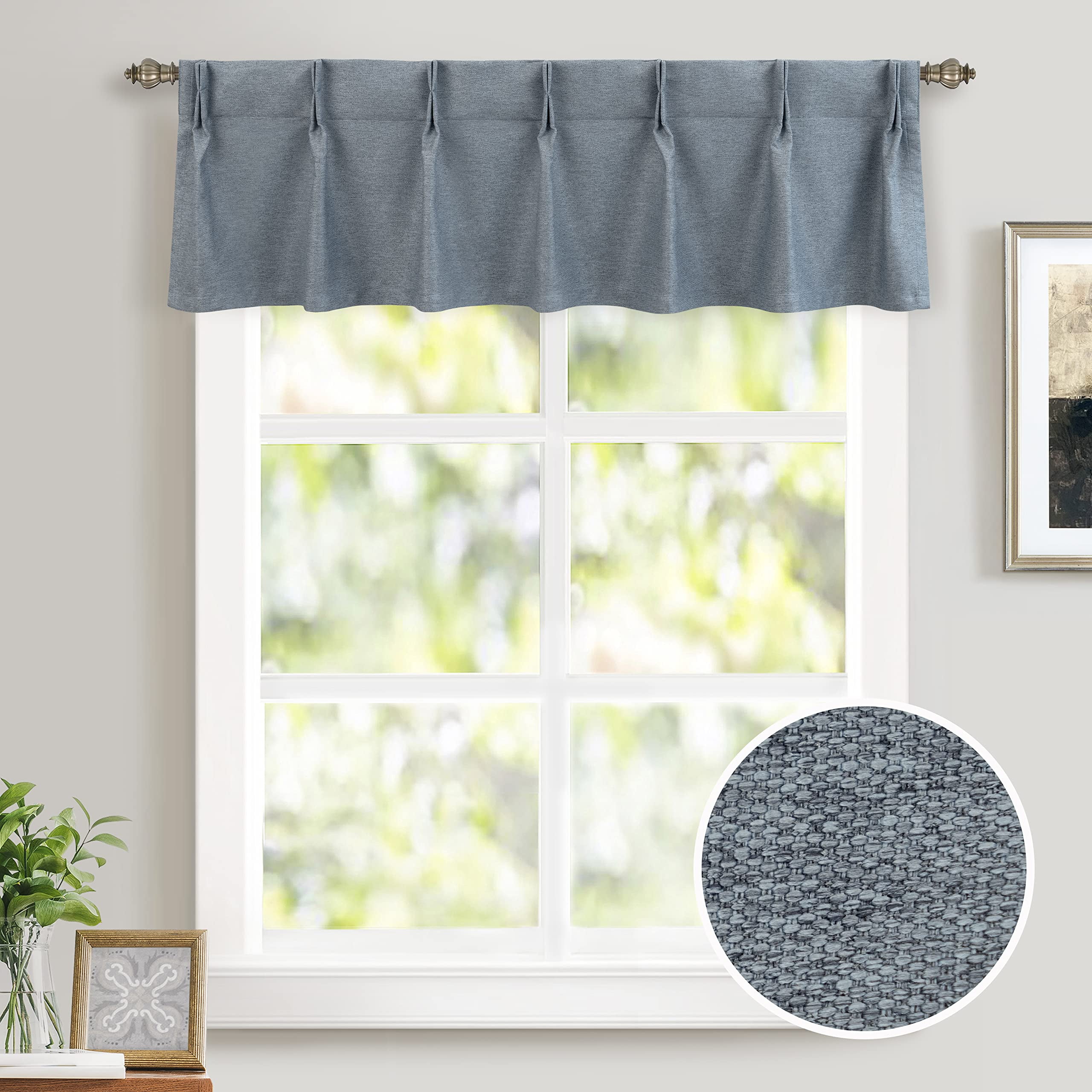 Dusty Blue Linen Textured Blackout Pinch Pleat Valance 52x16