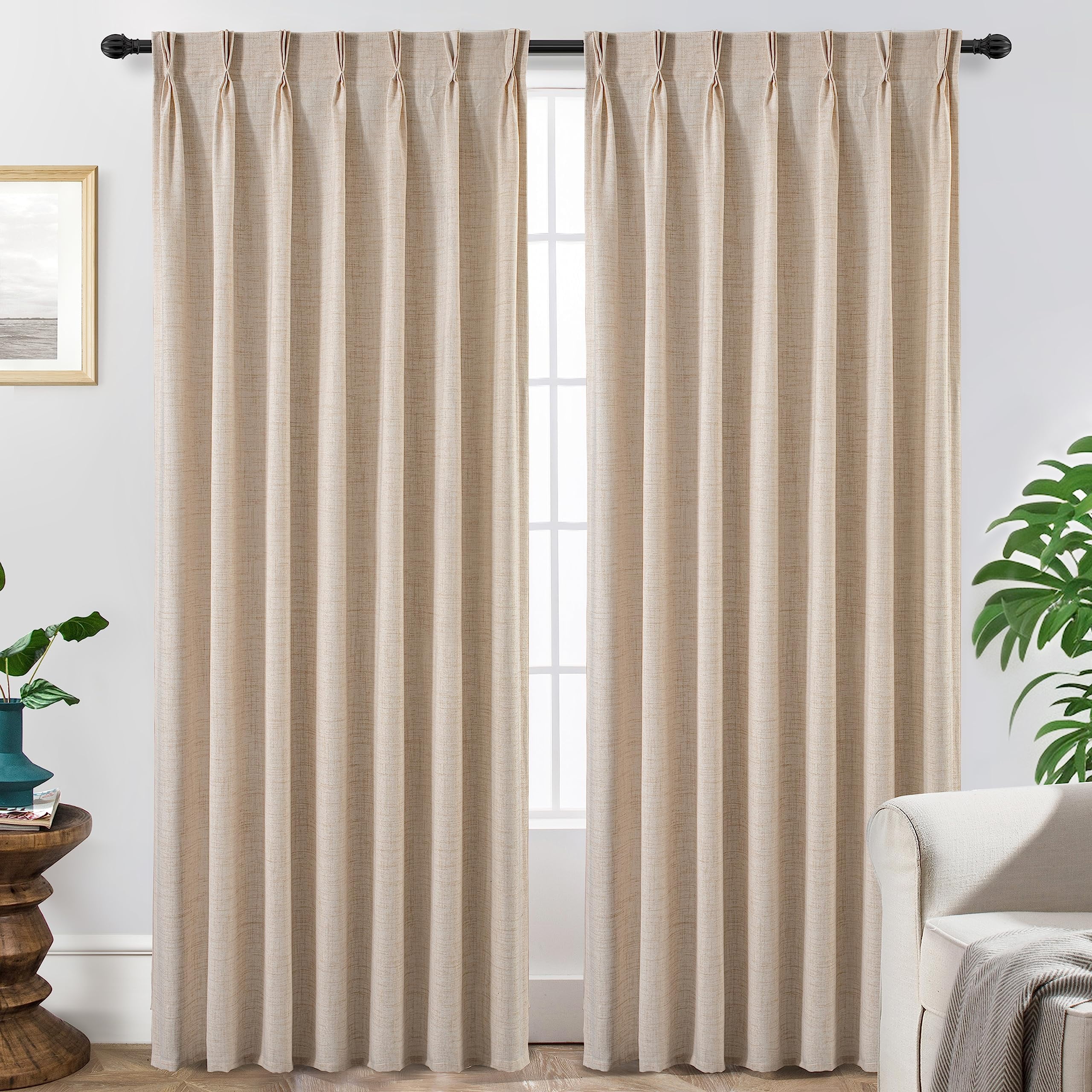 Beige Linen Textured Semi Sheer Pleated Curtain Panels