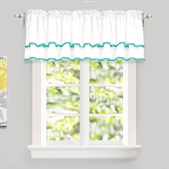 DriftAway Pom Pom Ruffle Window Curtain Valance for Kids Room, Rod Pocket, One Panel, 52”x18” Plus 2" Header (Aqua)