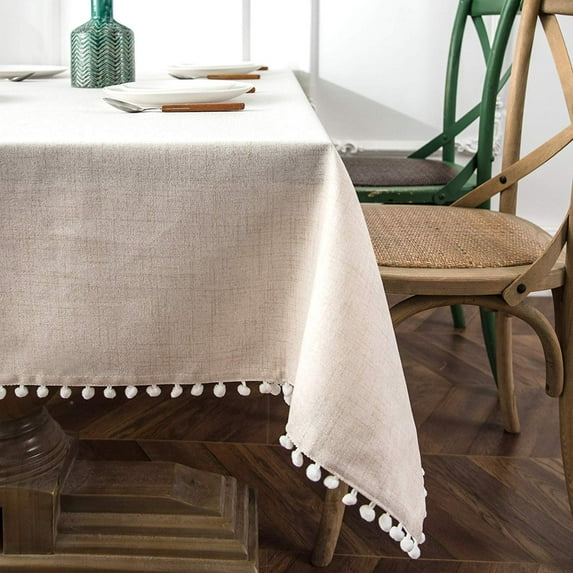 DriftAway Pom Pom Tassel Rectangle Linen Textured Decorative Table Cloth Beige 55''width x 55''length