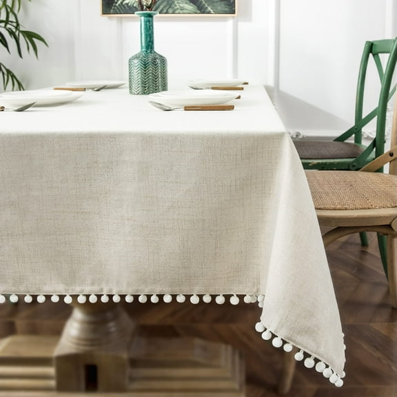 DriftAway Pom Pom Tassel Rectangle Linen Textured Decorative Table Cloth Light Linen 55" Width X 55" Length