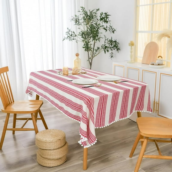DriftAway Pom Pom Tassel Rectangle Linen Textured Decorative Table Cloth for Indoor Outdoor Chris Stripe Printed Dining Buffet Table Parities Dinner 102"L x 54"W Red