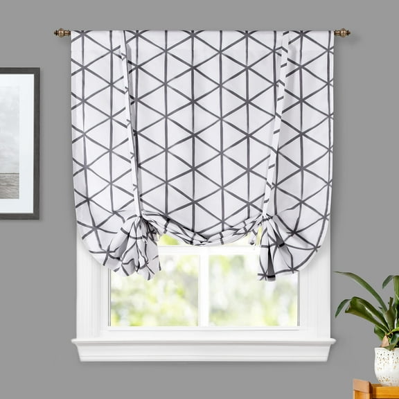 DriftAway Raymond Blackout Tie Up Curtain for Kitchen Geometric Triangle Trellis Printed Tie Up Shade for Bedroom Adjustable Balloon Rod Pocket, 45" x 63", Gray and White