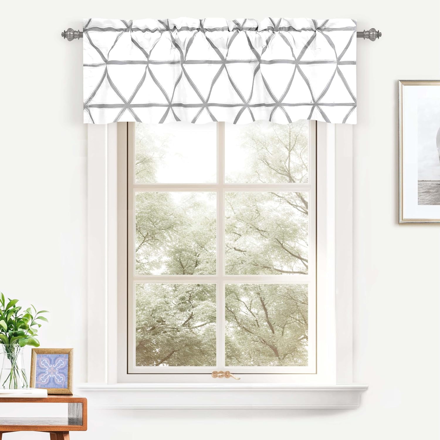 Gray and White Geometric Trellis Room Darkening Valance 52" x 14"