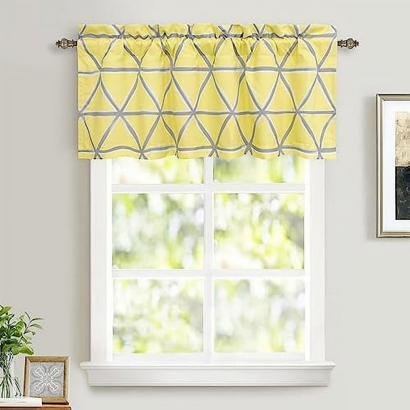 DriftAway Raymond Geometric Triangle Trellis Pattern Lined 52 Inch 2 Layers Thermal Insulated Window Curtain Valance for Living Room Plus 2 Inch Header Gray Horizontal Stripe and Yellow