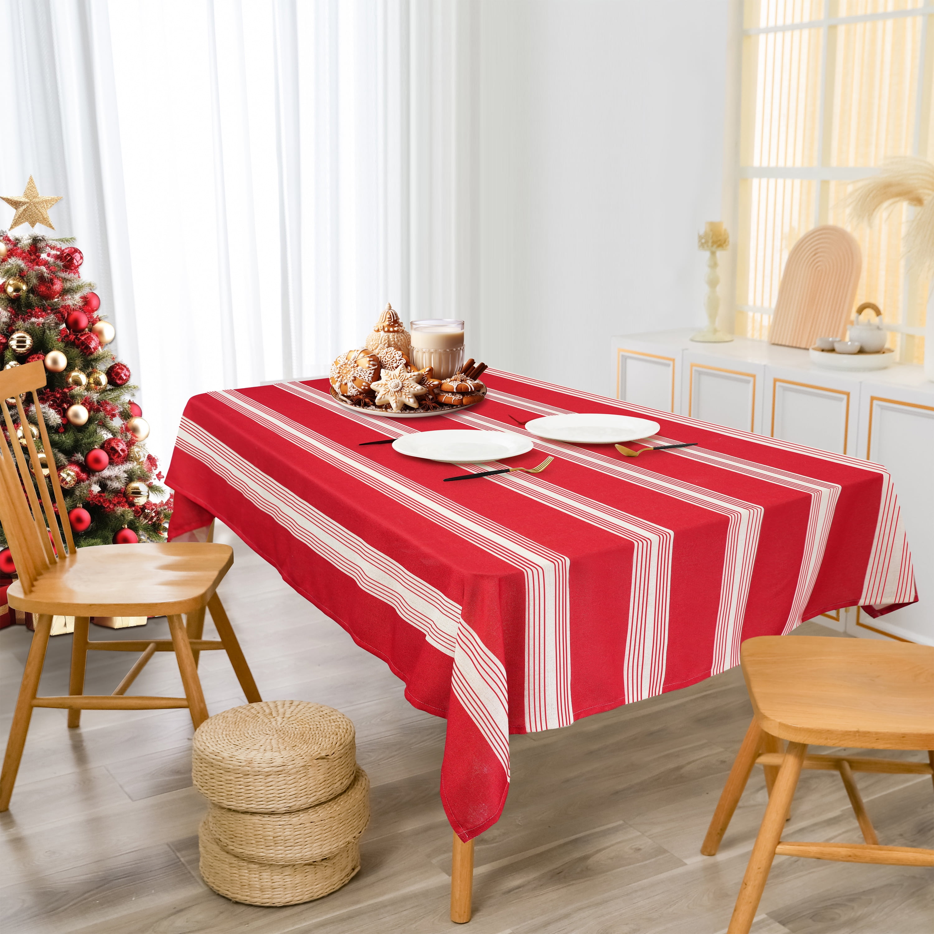 Square/Rectangular Golden Tablecloth, Woven Shiny Golden Deer & Snowflakes on Red Background, Festive Holiday Table hotsell Cover